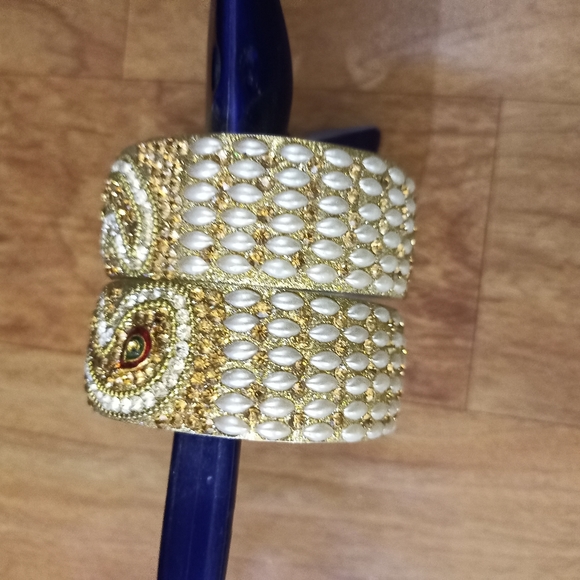 pearl bangles Jewelry - Pearl diamond metal broad kada bangles( set of 2)